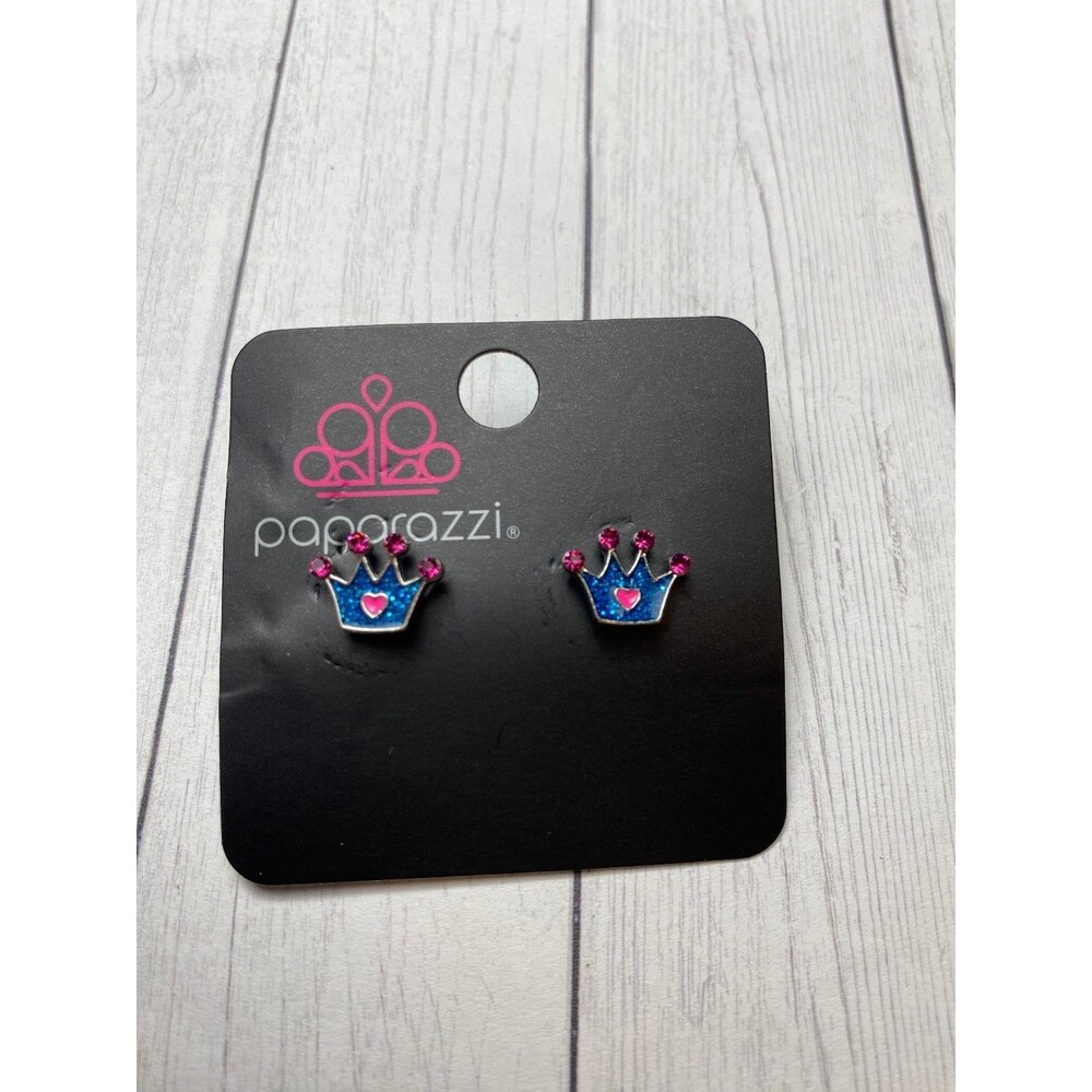 Paparazzi Crown Stud Earrings Blue Pink Rhinestone Heart Kids Girls